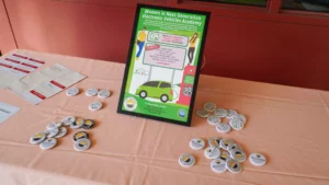 A table with posters and buttons on it.