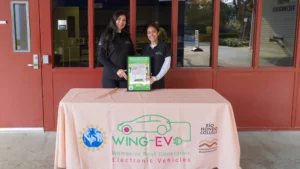 Two women standing in front of a table with a sign for Wing-EV.