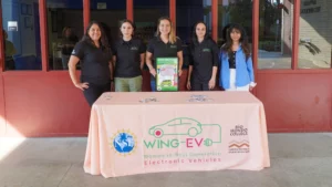 A group of women standing in front of a table with a sign that says Wing-EV
