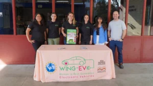 A group of people standing in front of a table with Wing-EV.