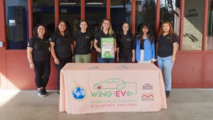 A group of women standing in front of a box with Wing-EV table.