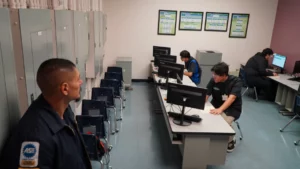 Uniformed security guard overseeing individuals working on computers in an office environment.