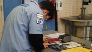 Technician in a blue uniform taking measurements or notes on a clipboard in an industrial setting.