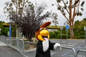 A person in an animated bird mascot costume stands behind crowd-control barriers in a parking lot, near trees and a reserved parking sign.
